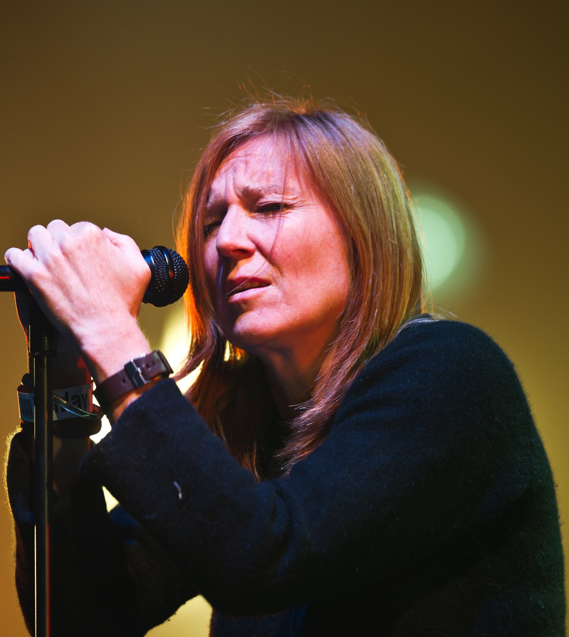 Beth Gibbons grips a microphone on its stand with both hands, eyes shut, in a black jumper under warm light.
