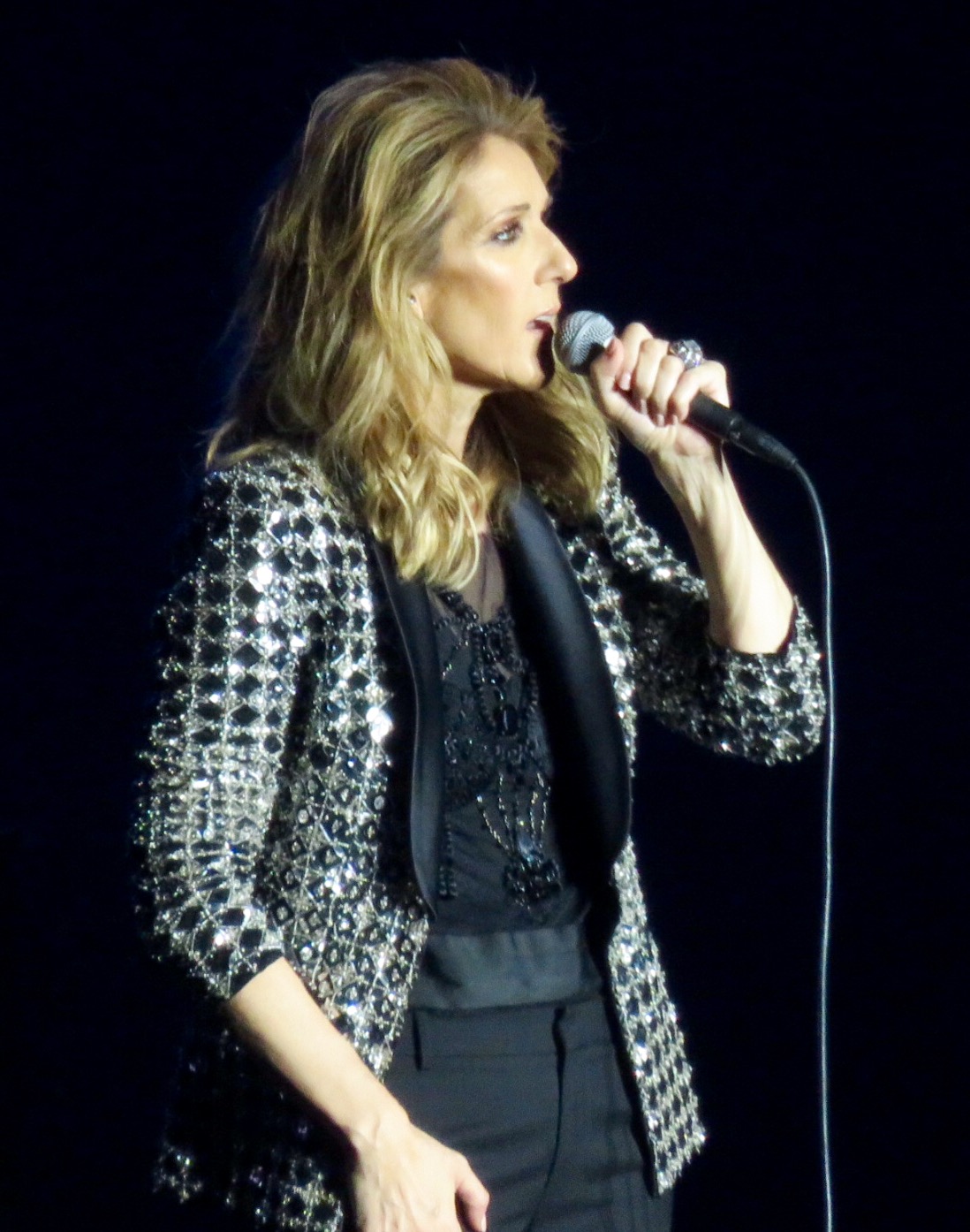 A singer in a sequinned silver jacket over black sings into a handheld microphone, shot in profile against a black stage background