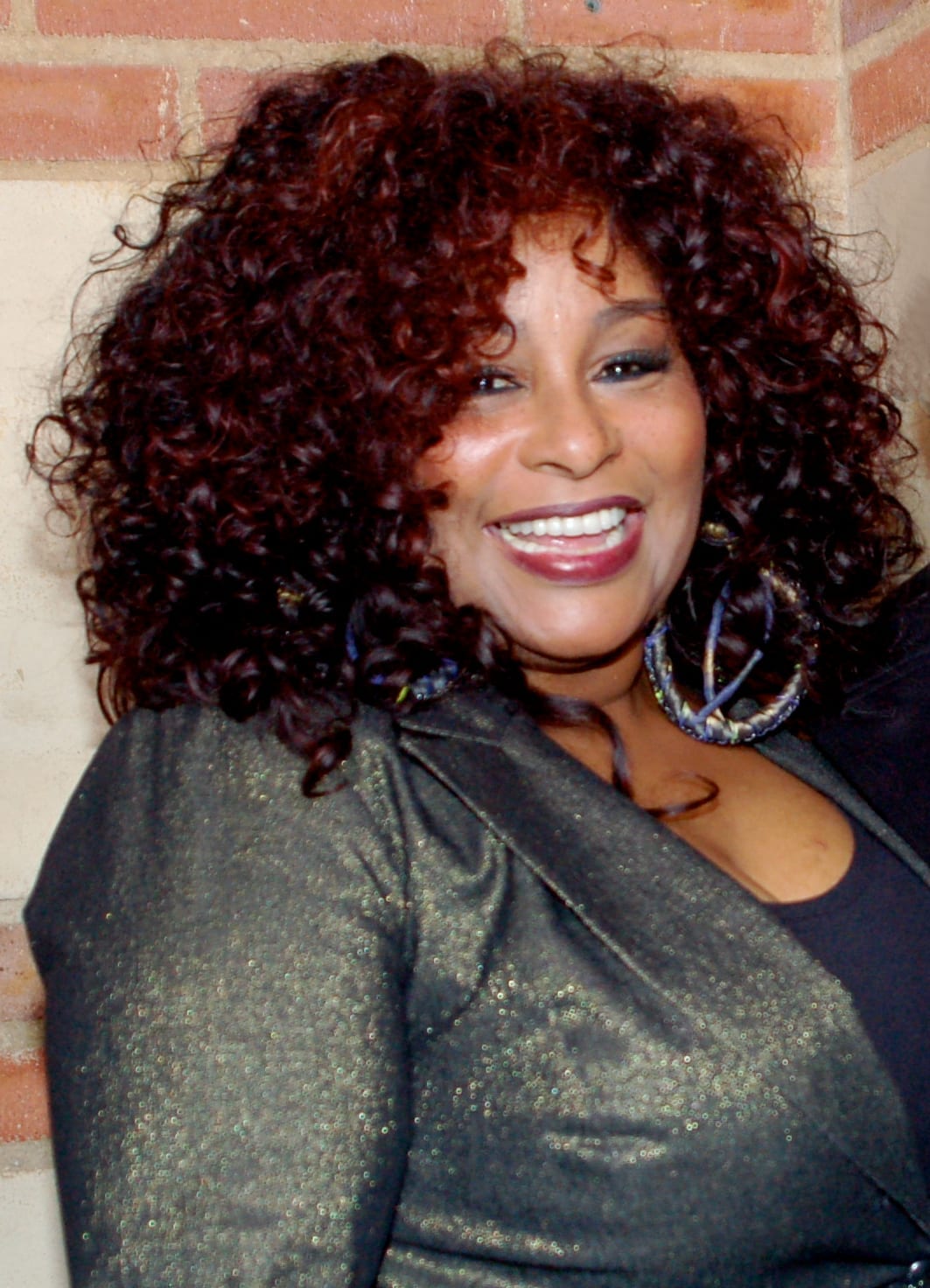 Chaka Khan smiles for the camera in a grey shimmering jacket and large hoop earrings, dark red curls to her shoulders.