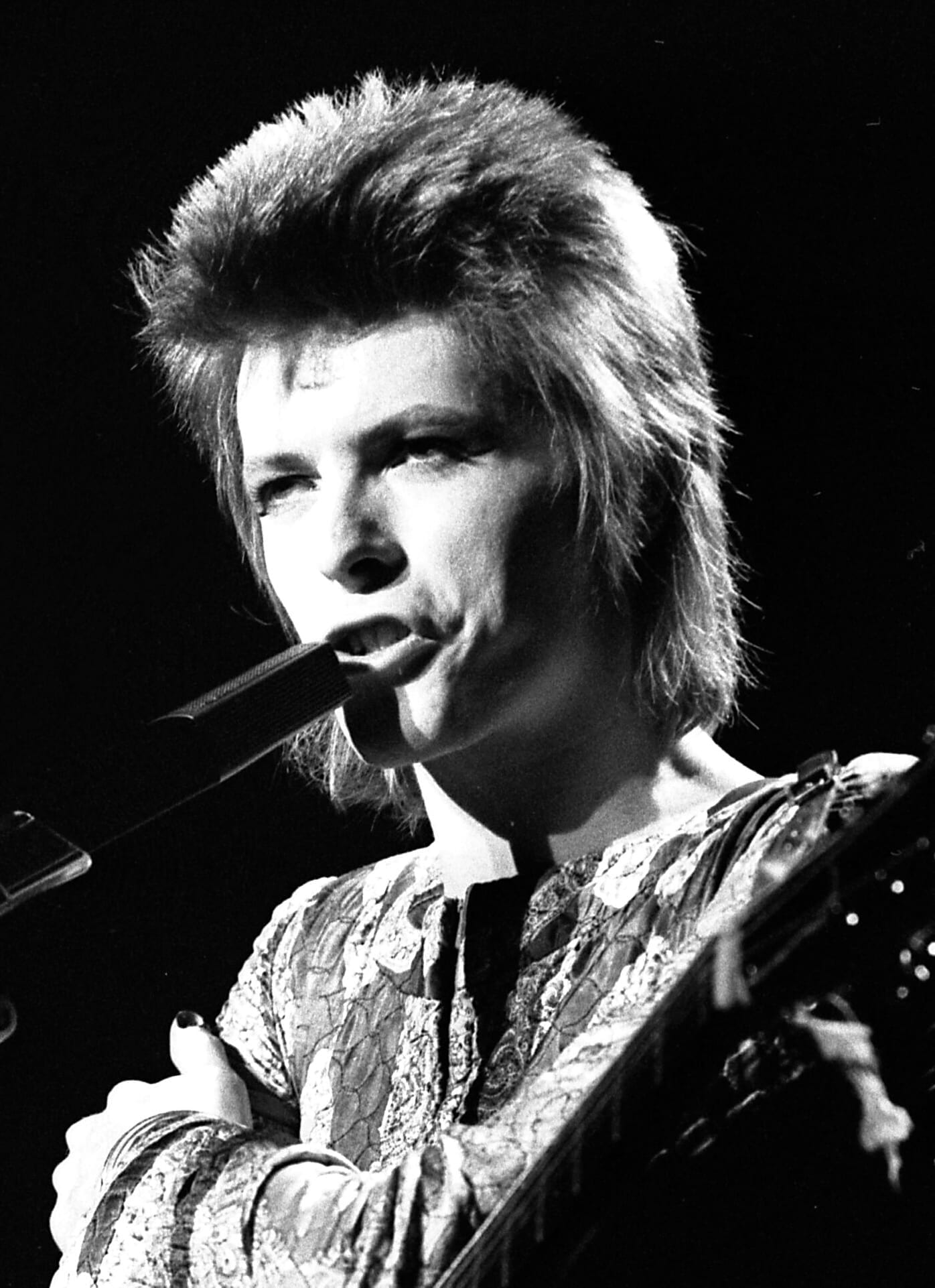 Black-and-white close-up of a young David Bowie with tousled shag hair, holding a microphone to his mouth while performing.