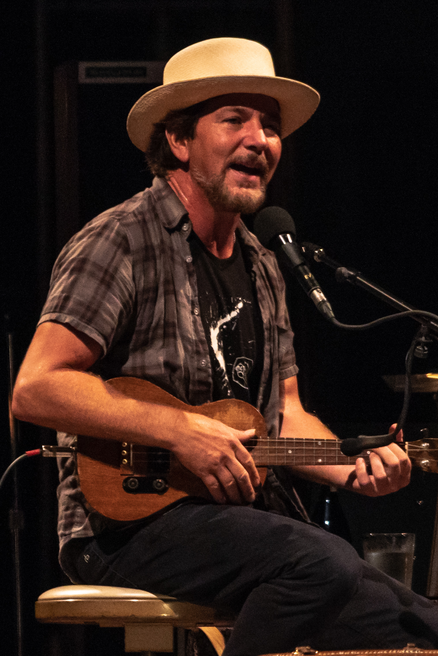 Eddie Vedder sits on a stool in a straw hat and open plaid shirt, singing into a microphone while playing a small hollow-body guitar.