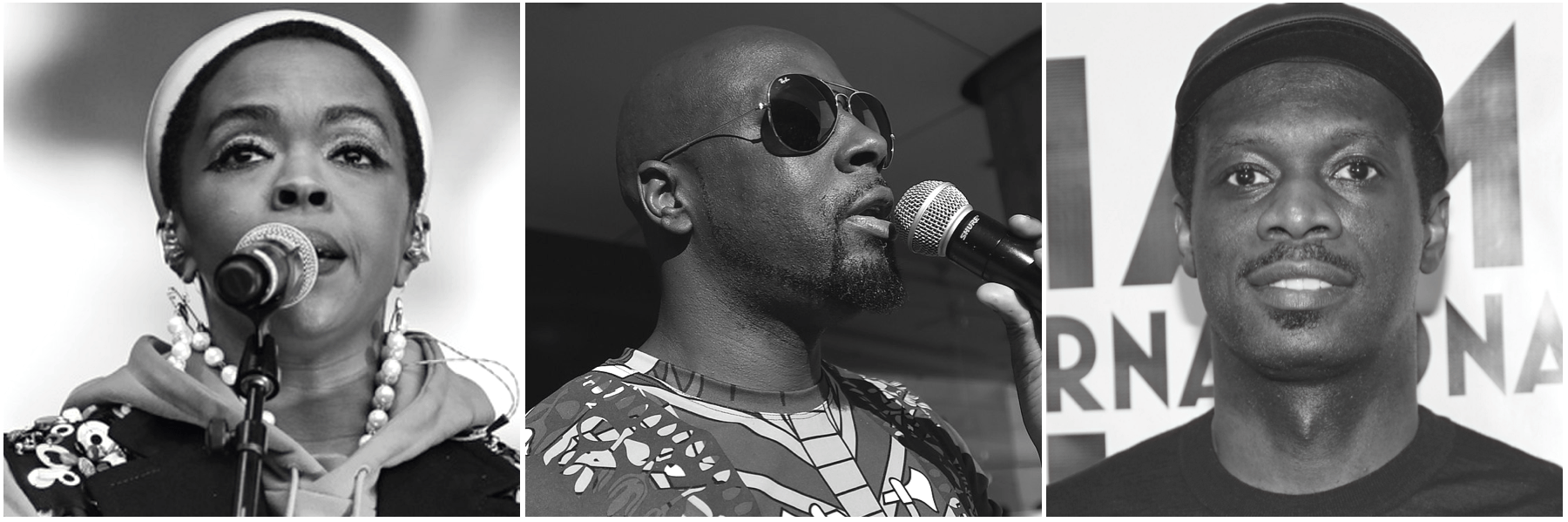 A black-and-white three-panel montage of the Fugees: Lauryn Hill singing into a microphone, Wyclef Jean wearing sunglasses and singing into a microphone, and Pras Michel in a baseball cap.