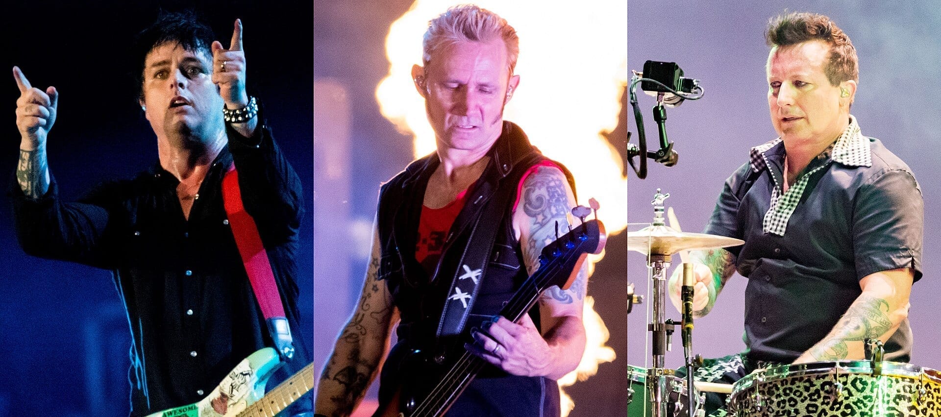 A three-panel photo montage of Green Day performing live: Billie Joe Armstrong pointing to the crowd while holding a guitar, Mike Dirnt playing bass in front of a burst of pyrotechnic flame, and Tre Cool playing a leopard-print drum kit.