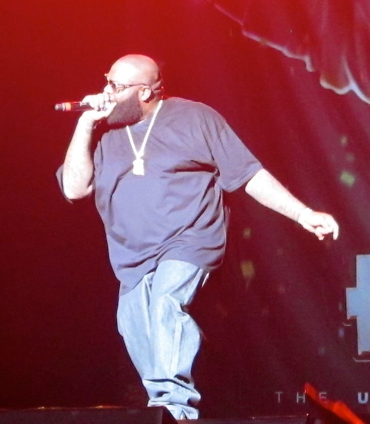 Rick Ross, wearing sunglasses and a gold chain, singing into a microphone on a red-lit stage.