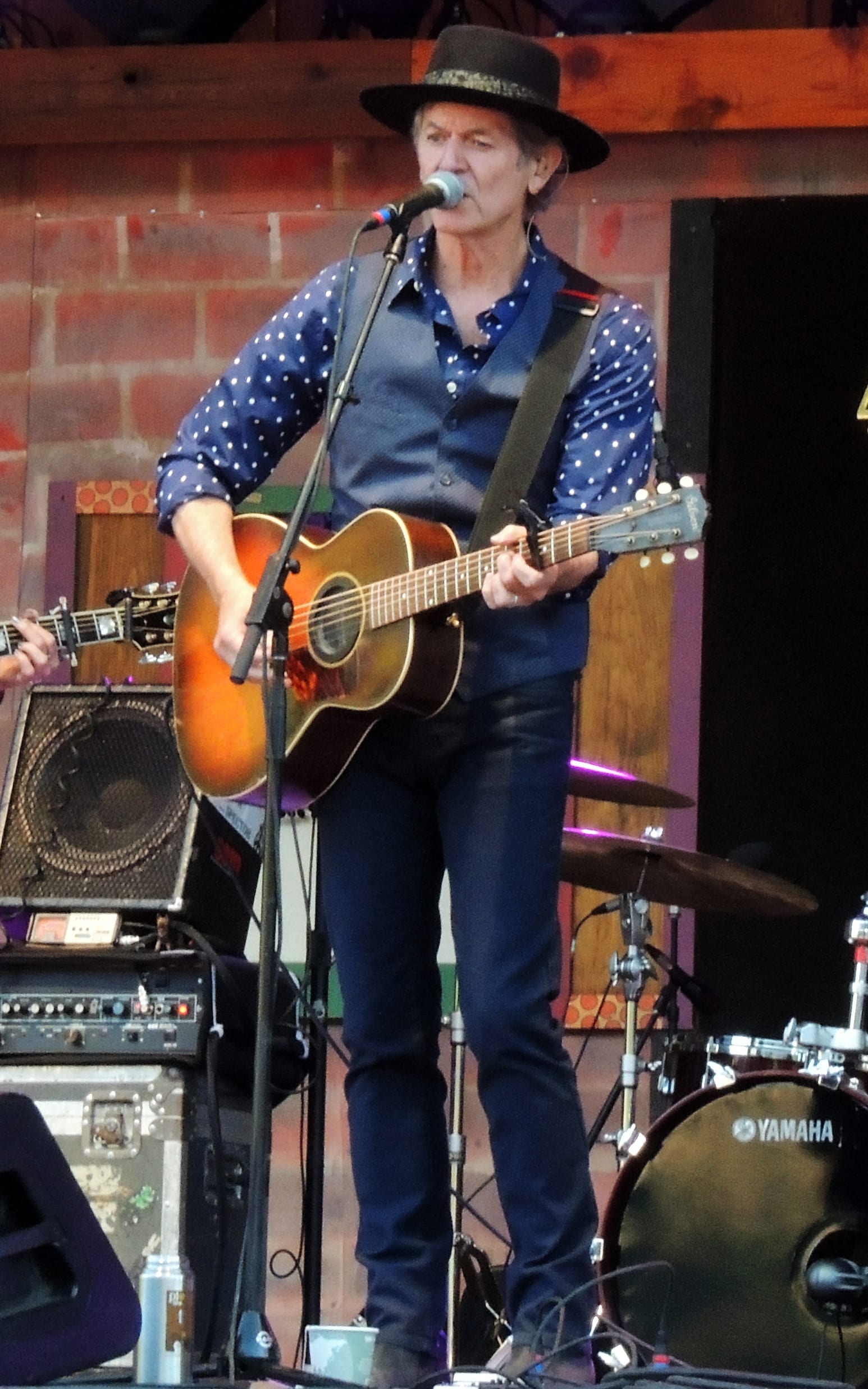 Rodney Crowell, wearing a black hat and a blue polka-dot shirt, sings into a microphone while playing an acoustic guitar on an outdoor stage.