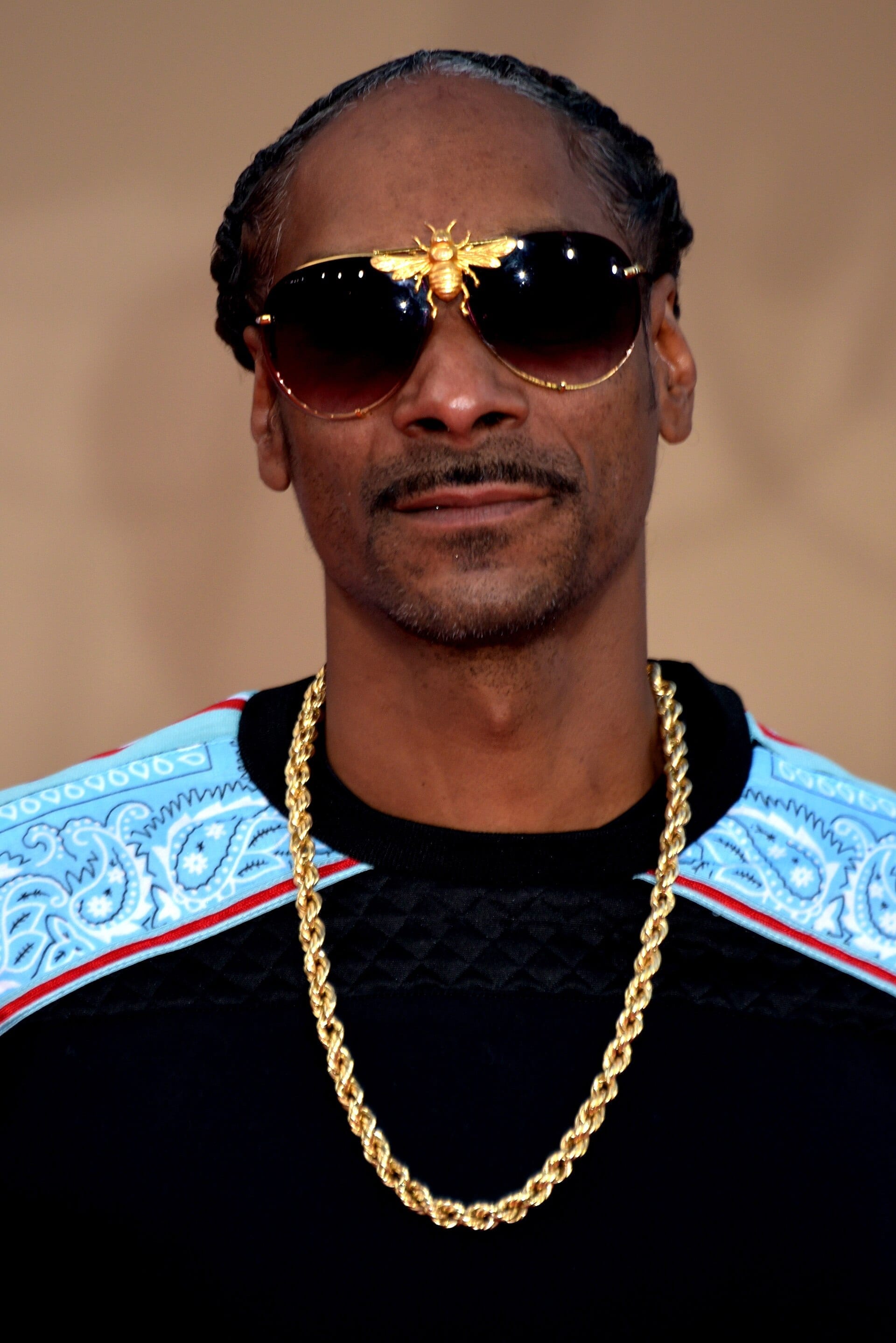 Snoop Dogg in aviator sunglasses with a gold ornament at the bridge, a thick gold rope chain over a bandana-print top.