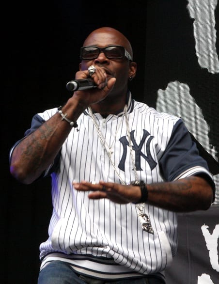 Treach, wearing sunglasses and a pinstriped New York Yankees jersey over layered chains, sings into a handheld microphone on stage.